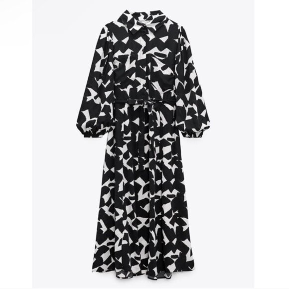 ZARA Black & White Abstract Print Midi Crepe-Like Shirt Dress | Belted, Size XXL - Picture 5 of 12